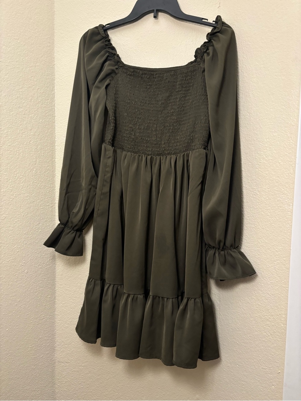 Olive Green Long-Sleeve Smocked Babydoll Dress